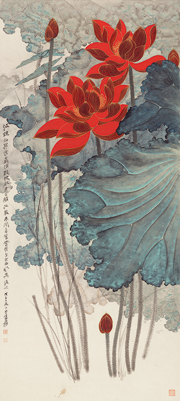 国画,近现代张大千金线荷花30x67cm